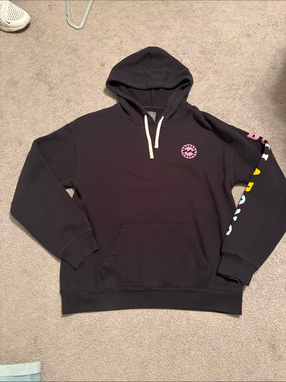 Billabong Black Hoodie with Pink Logo and Multicolor Sleeve Letters